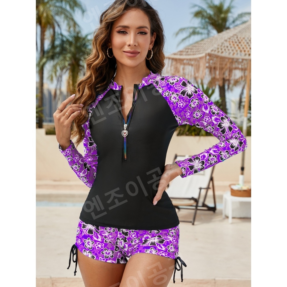 레쉬가드 할머니 전신수영복 호텔수영장 수영복 투피스 꽃무늬 지퍼 여름 비치웨어