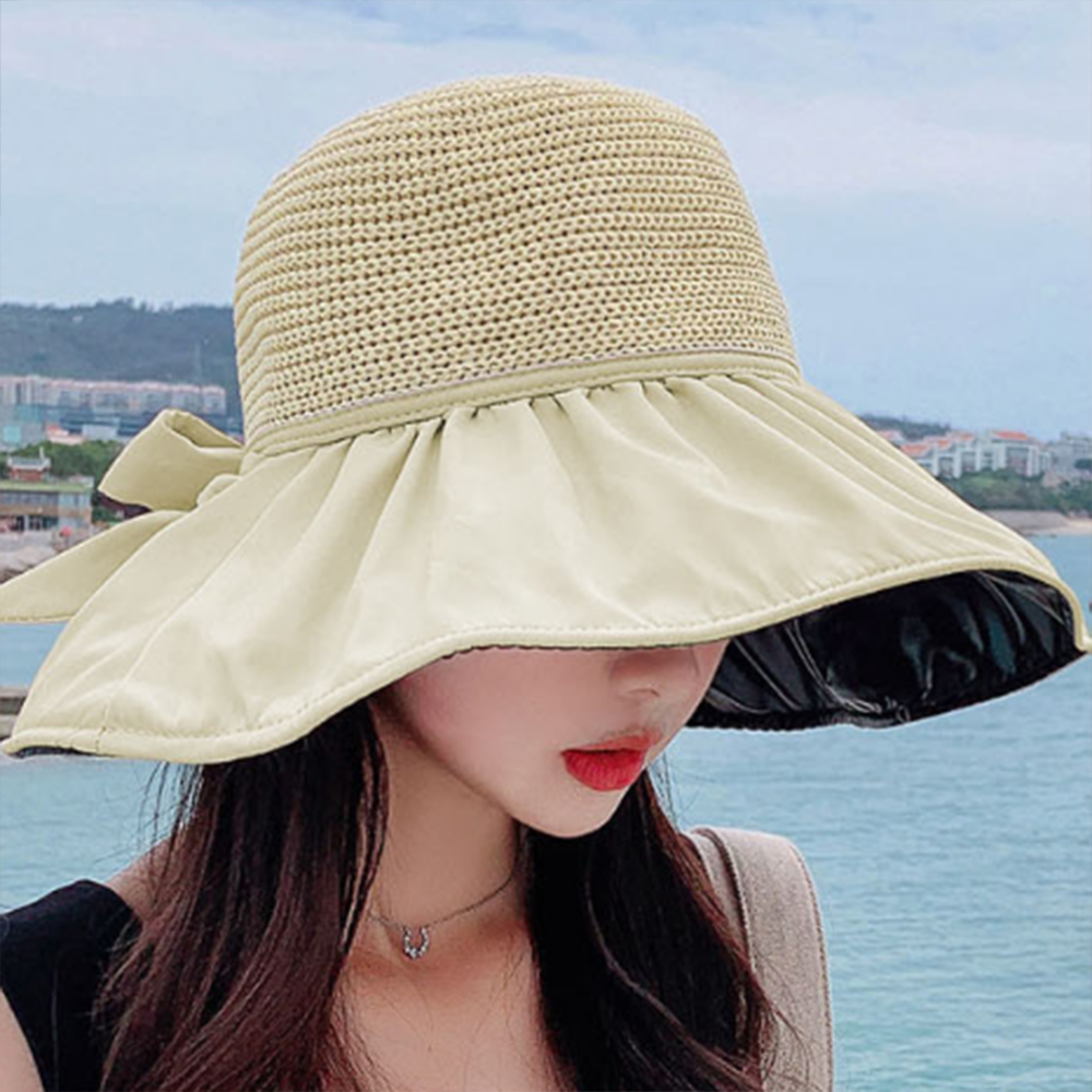 여자 버킷햇 봄 가을 여름 패션 모자 여성 외출 포인트 라피아 벙거지 휴양지 비치 챙넓은 - 상품 이미지