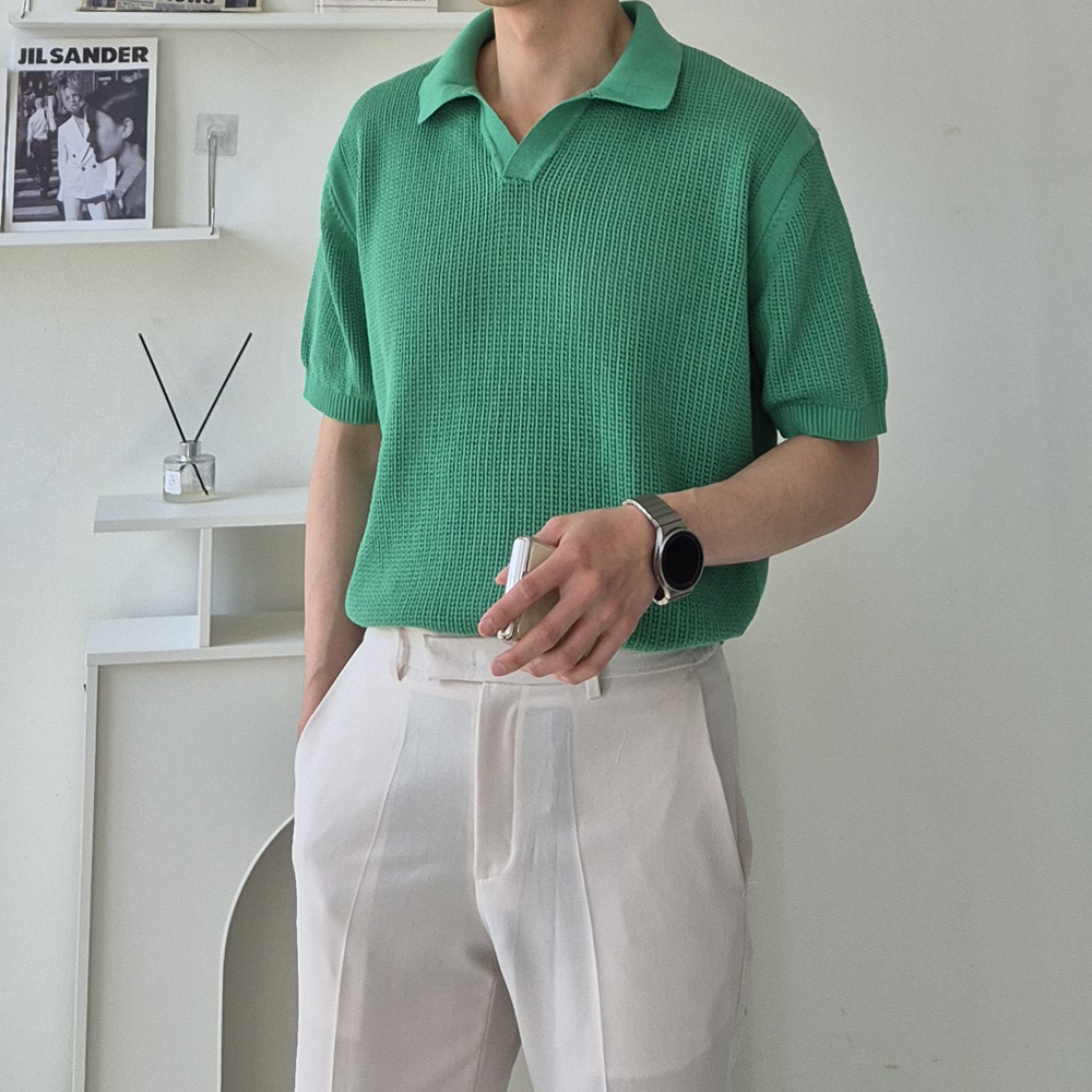 남자 반팔니트 오버핏 브이넥 헨리넥 남자 카라 반팔티 - 상세 이미지 2