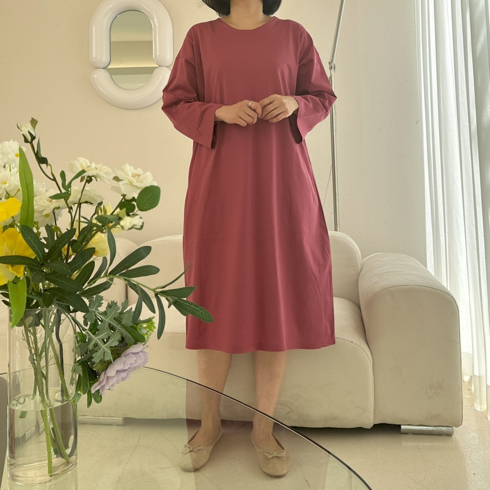 77-99빅사이즈 자체제작 면 무지 데일리 박시 원피스 라운드넥 봄 여름 가을 원마일웨어