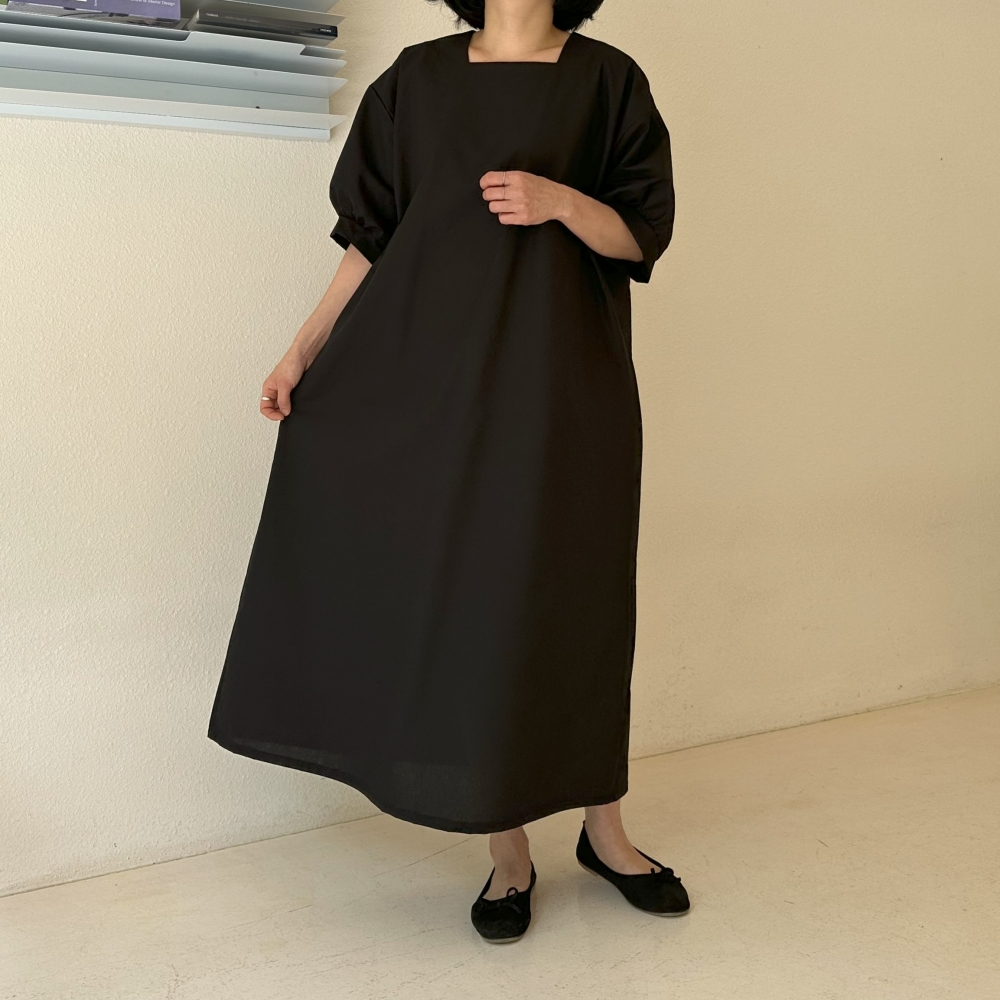 빅사이즈 자체제작 여름 린넨 쉬폰 퍼프 소매 스퀘어넥 맥시 롱 원피스 블랙 하객 돌잔치