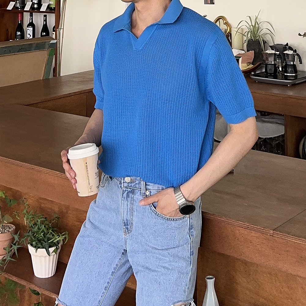 남자 반팔니트 오버핏 브이넥 헨리넥 남자 카라 반팔티 - 메인 이미지