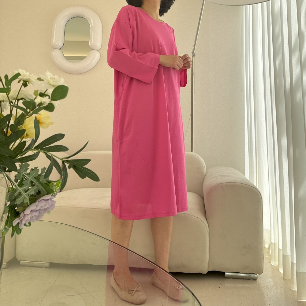 77-99빅사이즈 자체제작 면 무지 데일리 박시 원피스 라운드넥 봄 여름 가을 원마일웨어