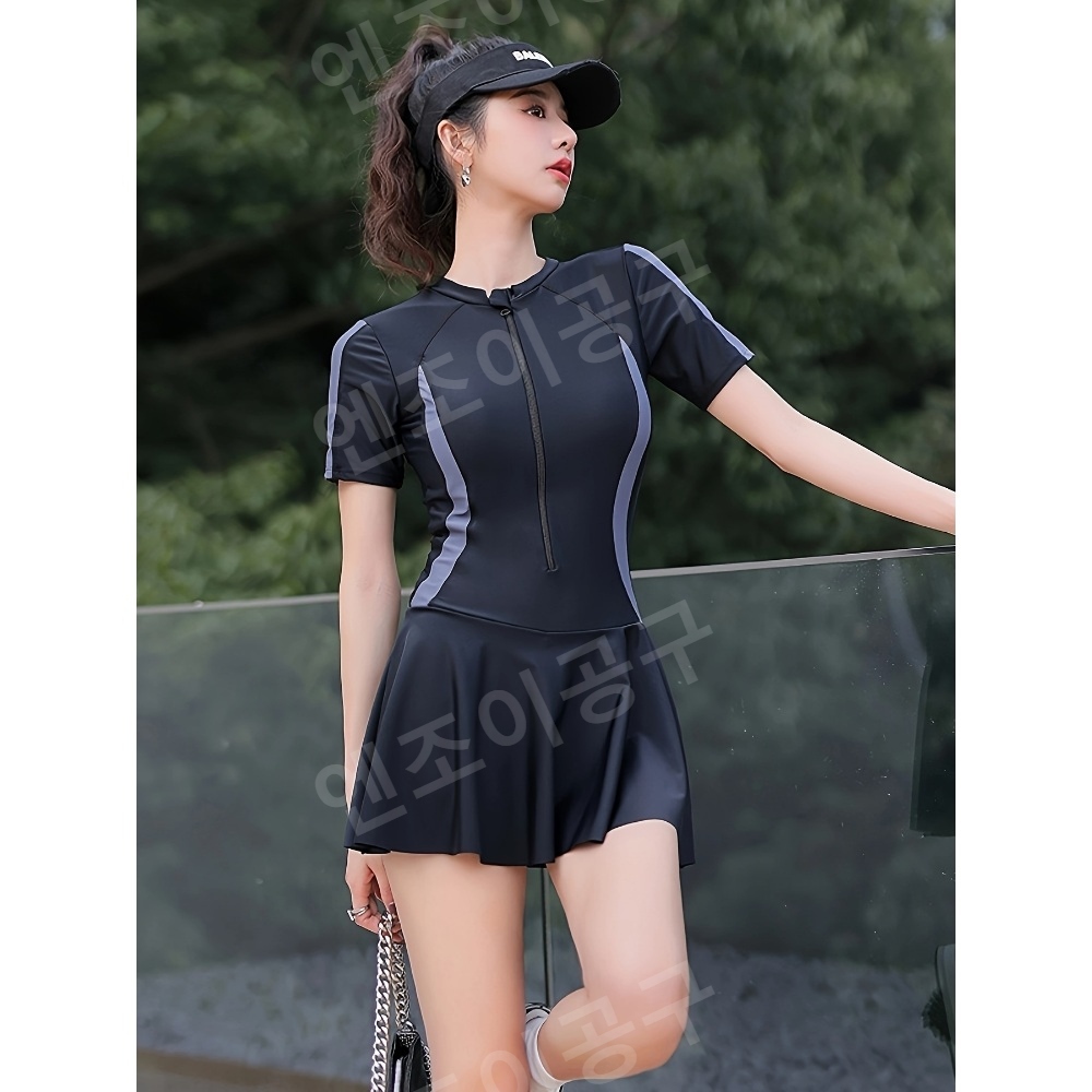 전신여성수영복 빅사이즈 수영복 레쉬가드 반팔 원피스 - 메인 이미지