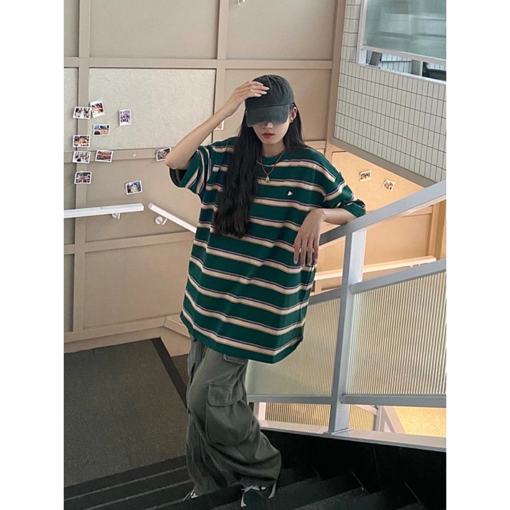 초록색 스트라이프 반팔 여자 유명인 기자회견 티셔츠 루즈핏 레트로 힙한 y2k 패션 - 상세 이미지 3