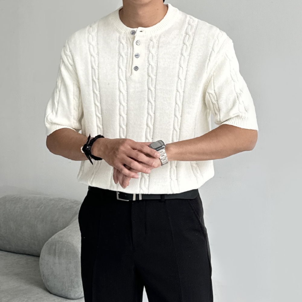 남자 러디 여름 프리미엄 케이블 꽈배기 헨리넥 반팔 니트