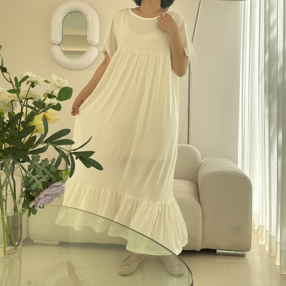 빅사이즈 여름 시원한 면 프릴 롱 원피스 소매 라운드넥 레이어드 맥시 원피스 원마일웨어
