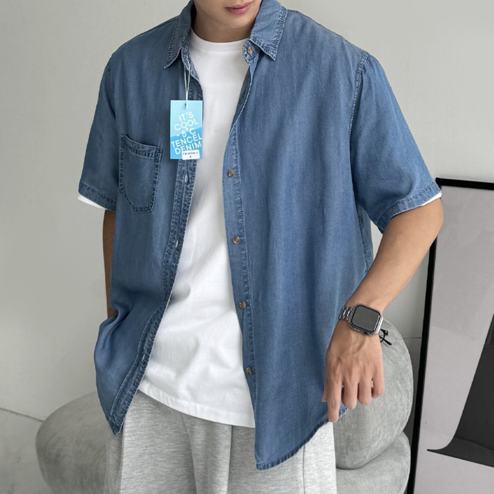 남자 일와 오버핏 여름 아이스 쿨링 텐셀 반팔 데님 셔츠 남방