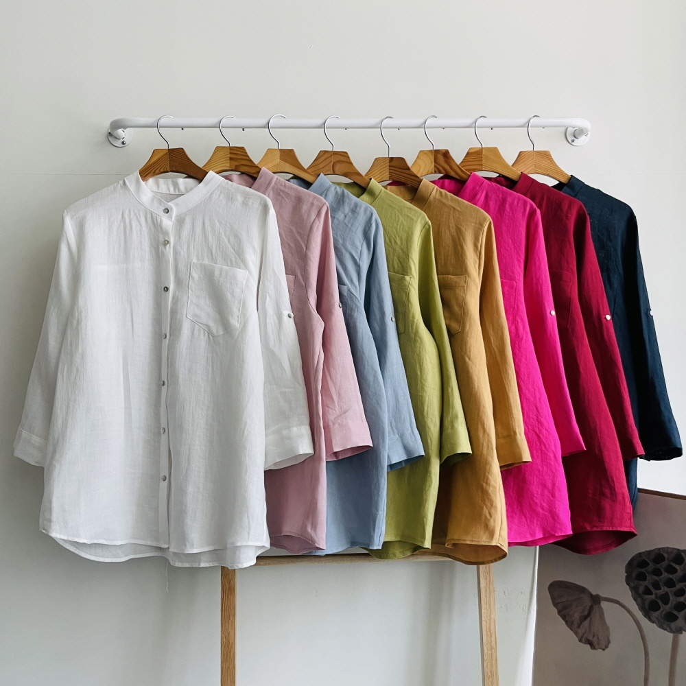 여성린넨셔츠 여름남방 린넨100% 7부 헨리넥 린넨 반팔 셔츠 블라우스