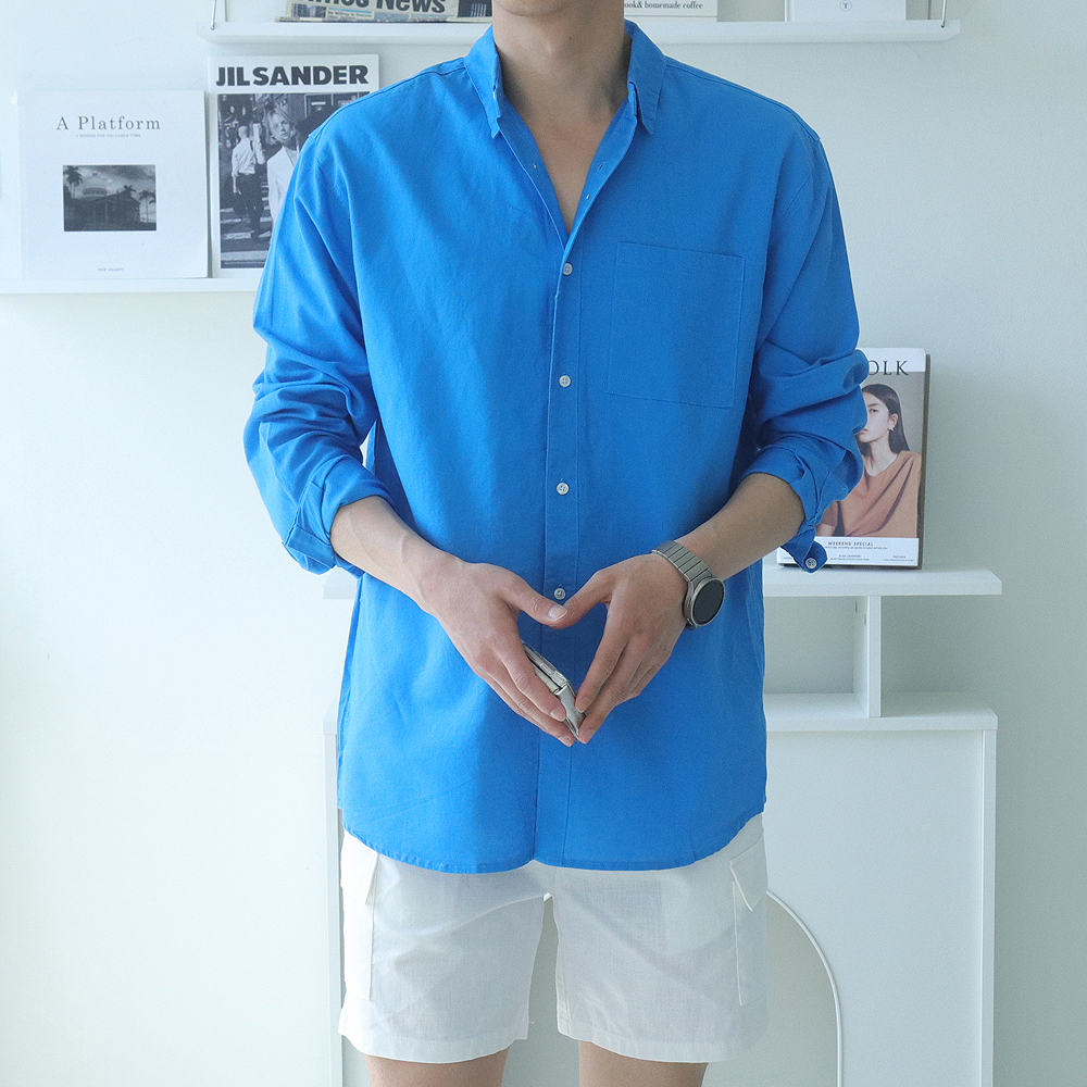 남자 셔츠 오버핏 여름 남방 흰색 아이스 남자 린넨 셔츠 - 상세 이미지 3