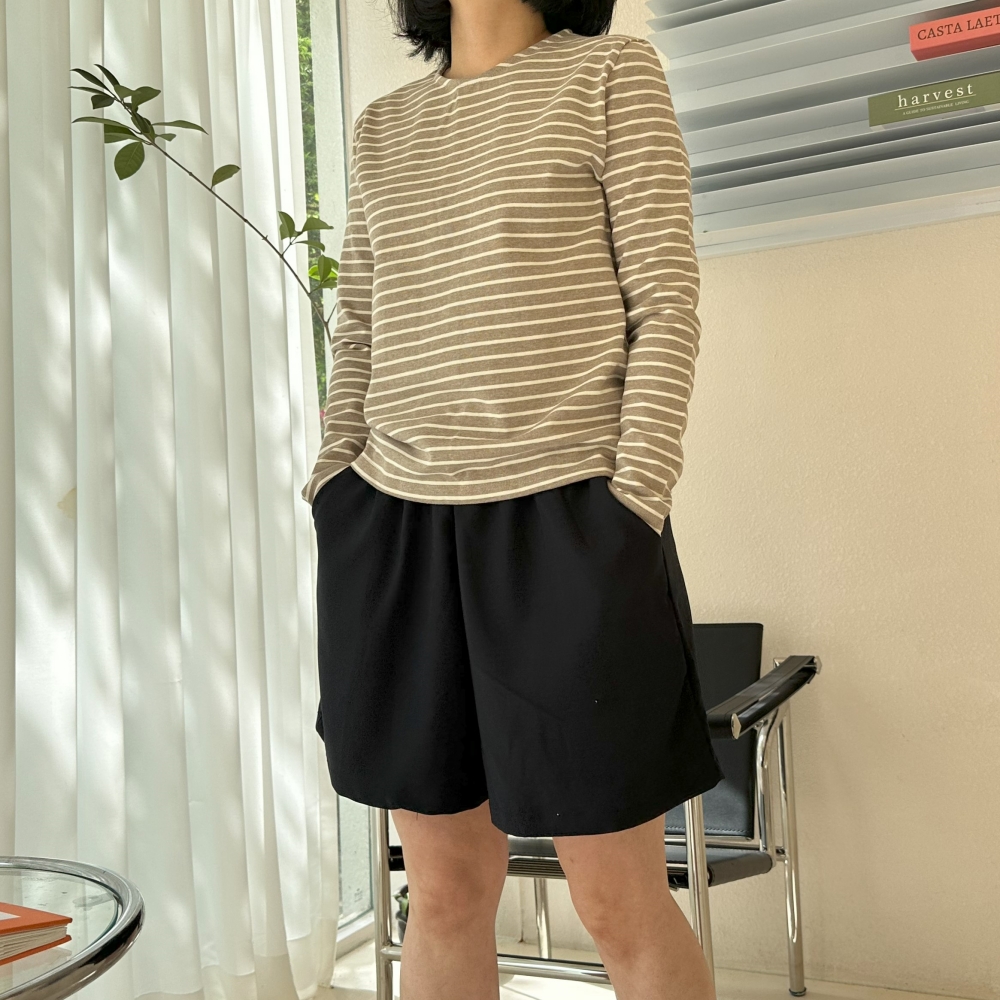 긴팔 트임 스트라이프 단가라 톡톡 워싱면 티 심플 베이직 기본 레이어드 티셔츠 봄 가을 - 상세 이미지 5