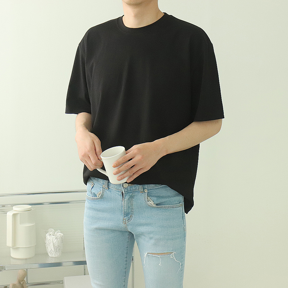 남자 반팔티 오버핏 분또 무지 흰색 빅사이즈 반팔 티셔츠 - 상세 이미지 2