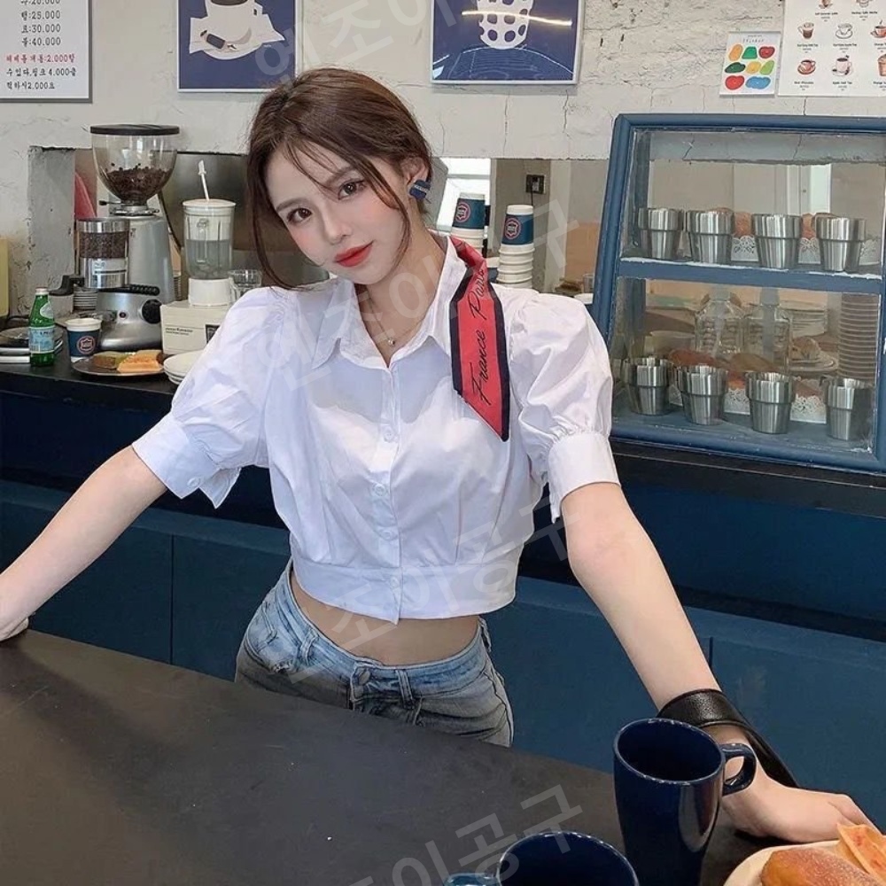 장원영 인스타그램 화이트 블라우스 셔링 크롭 의상 옷 패션 - 상세 이미지 4