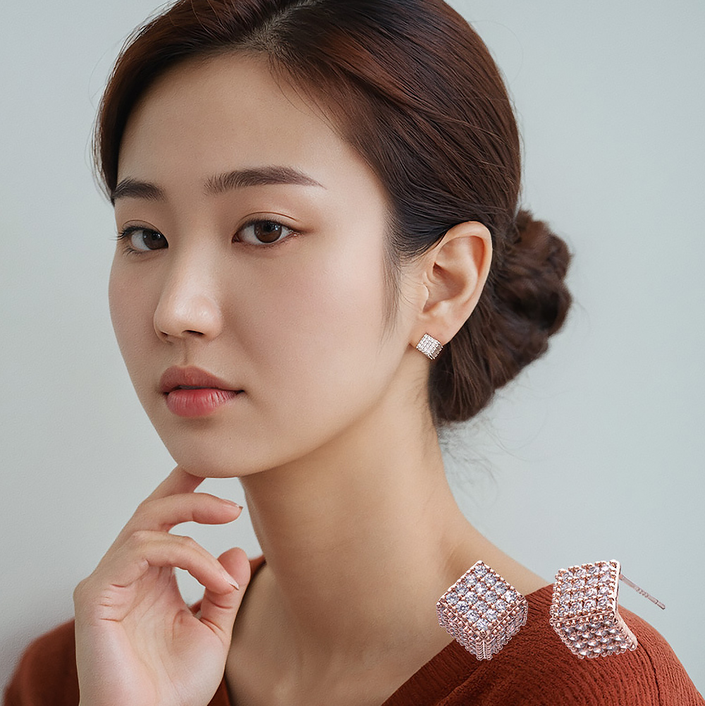 큐브 스퀘어 스터드 오피스룩 하객룩 귀걸이 큐빅 지르코니아 파베 셋팅 - 상세 이미지 2