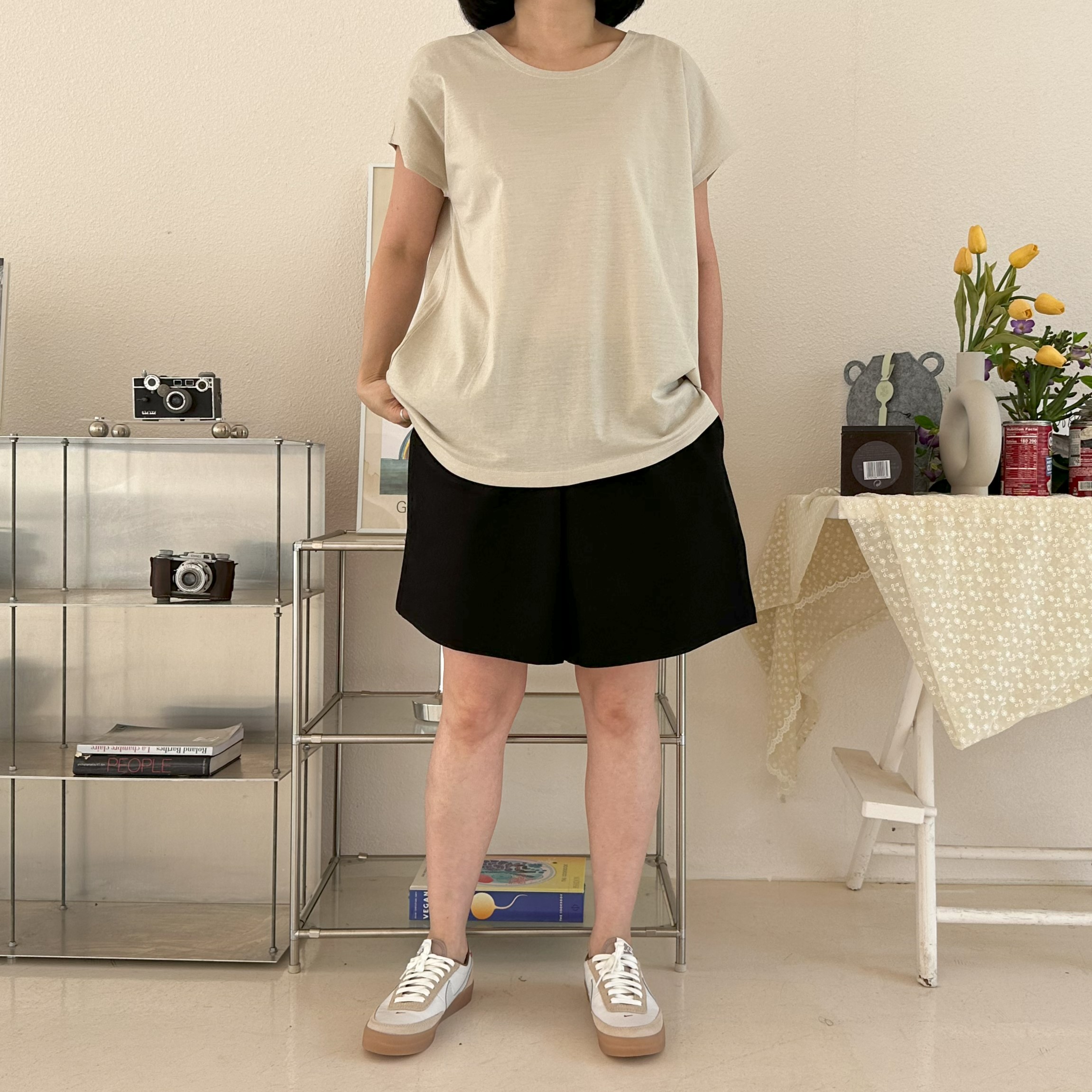 빅사이즈 자체제작 면 무지 라운드넥 캡소매 티셔츠 이너 레이어드 데일리 딥베이지 오트밀 이미지 6