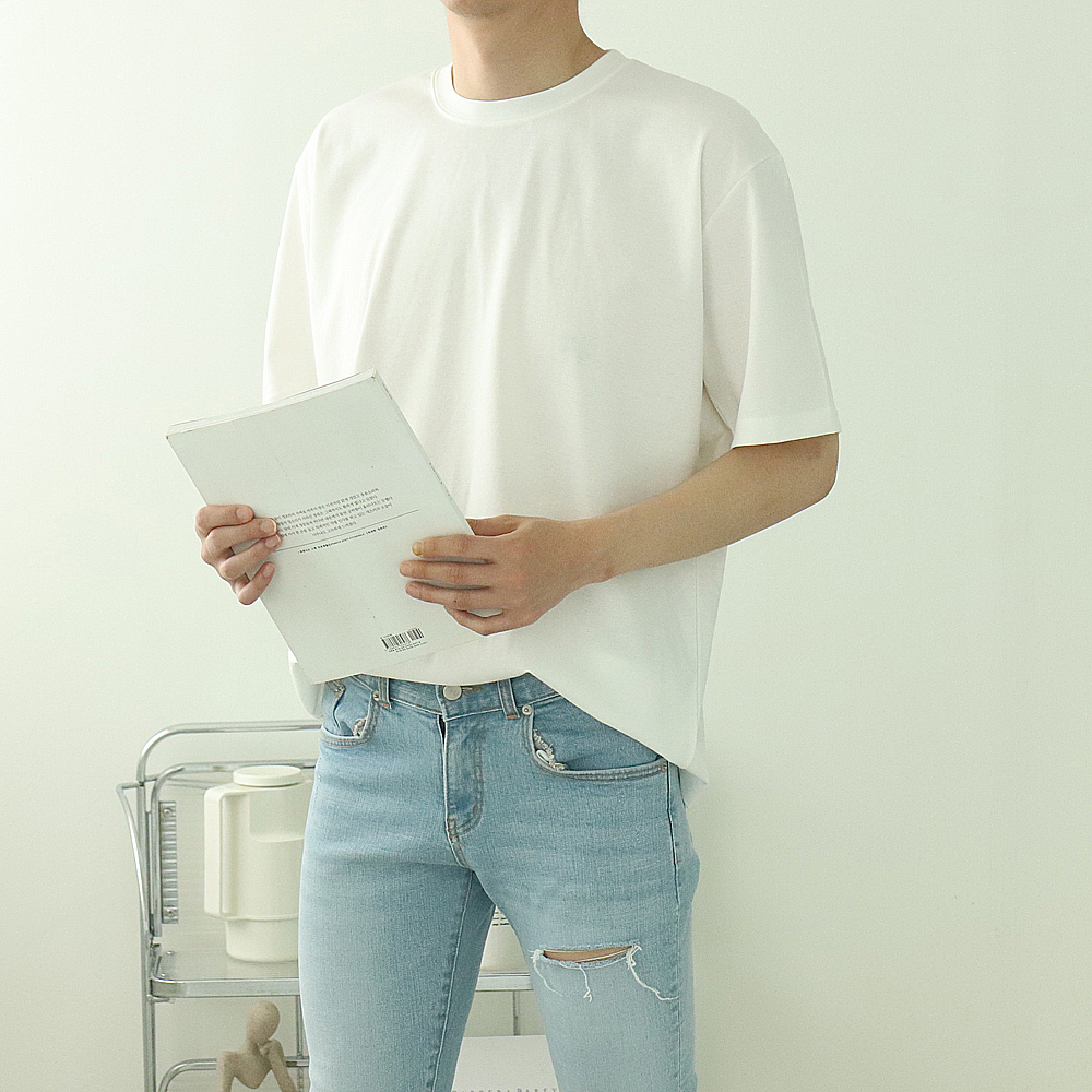 남자 반팔티 오버핏 분또 무지 흰색 빅사이즈 반팔 티셔츠 - 상세 이미지 3