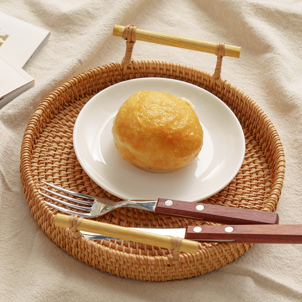 라틴바구니 1+1 손잡이 원형라탄바구니 트레이