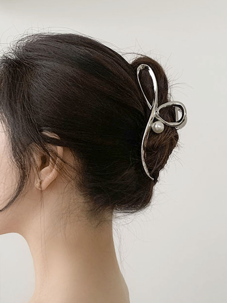 오버사이즈 노트 펄 리본 클로 - 메탈 여름 매듭 숱많은머리 진주헤어핀 빅사이즈 집게핀 - 상품 이미지