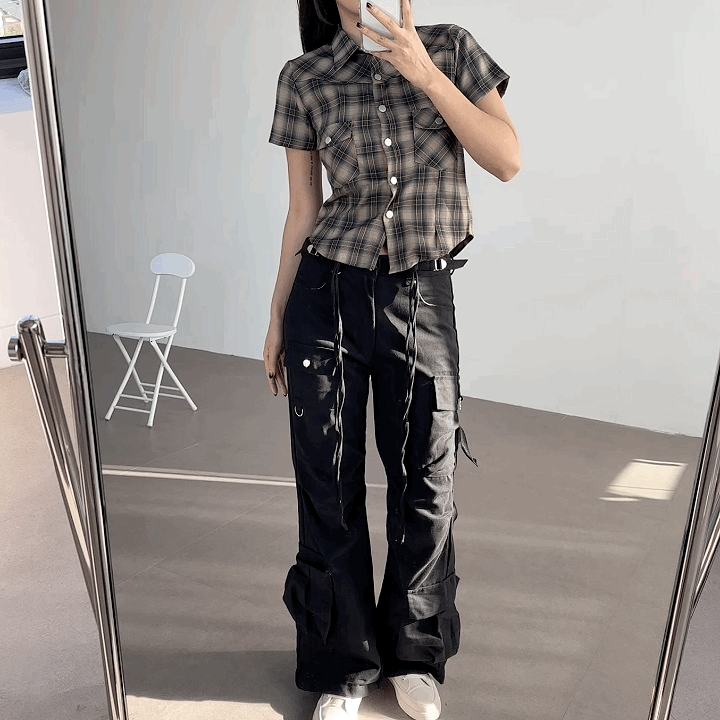 당일출고🚀[주문폭주!/unique🖤] 미니 벨트 스트링 셔링 카고 포켓 루즈핏 부츠컷 블랙 면팬츠 상세 이미지 23