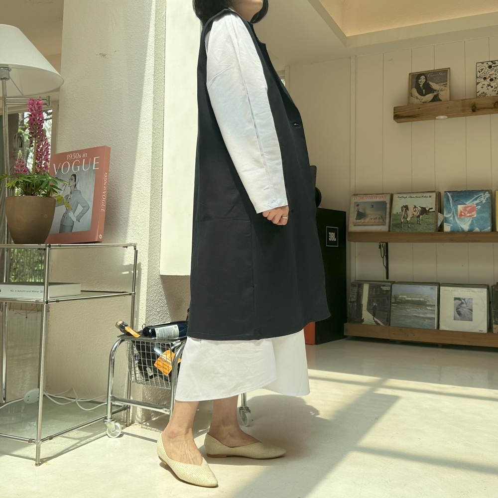 빅사이즈 자체제작 카라 포켓 베스트 + 화이트 롱 남방 세트 단아한 정장 오피스룩 봄 가을 - 상세 이미지 4
