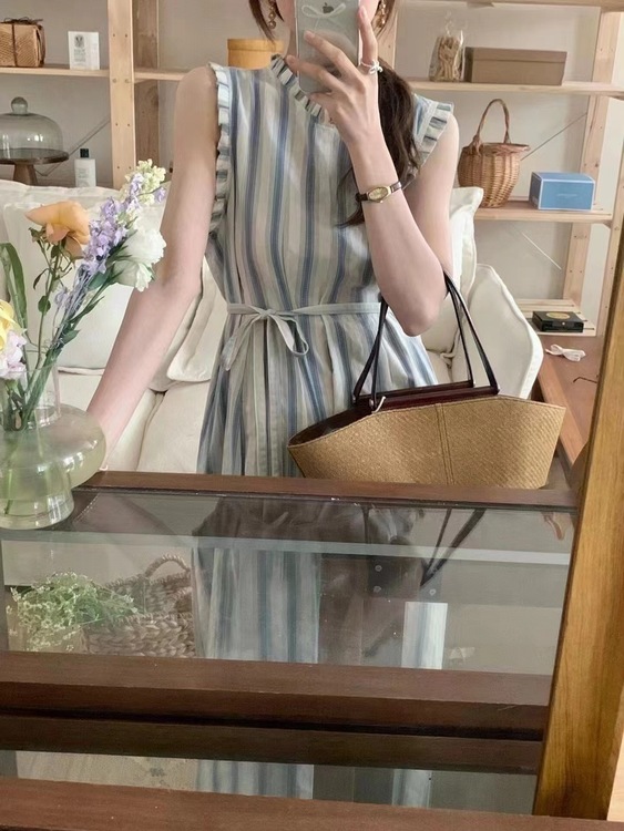 덴버 프릴 날개 셔링 스트라이프 린넨 코튼 벨트 SET 여성 린넨 롱 원피스 - 상품 이미지