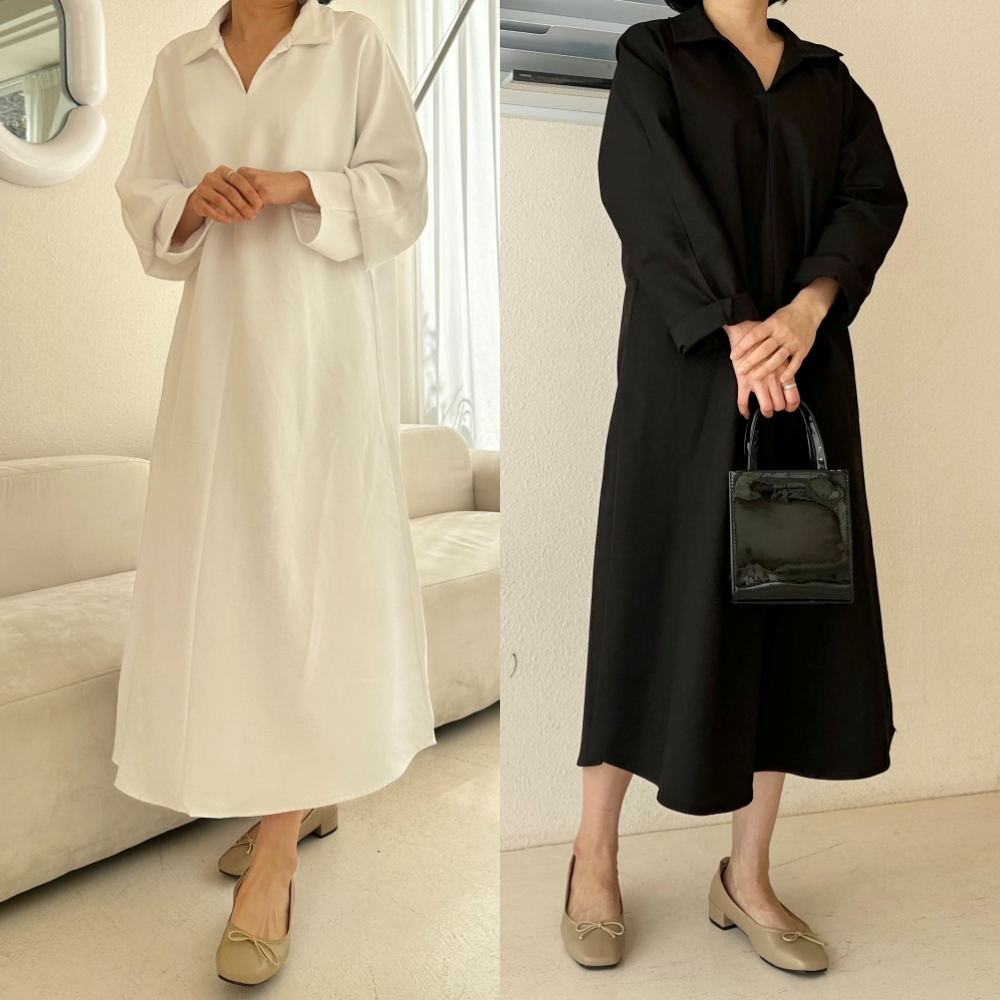 빅사이즈 자체제작 여성 긴팔 카라 셔츠 롱 남방 원피스 박시 루즈핏 면 스판 화이트 블랙