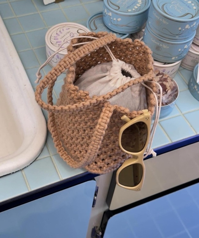핸드메이드 그물 니트 미니 버킷 토트백 여름 뜨개 손가방(이너백포함)
