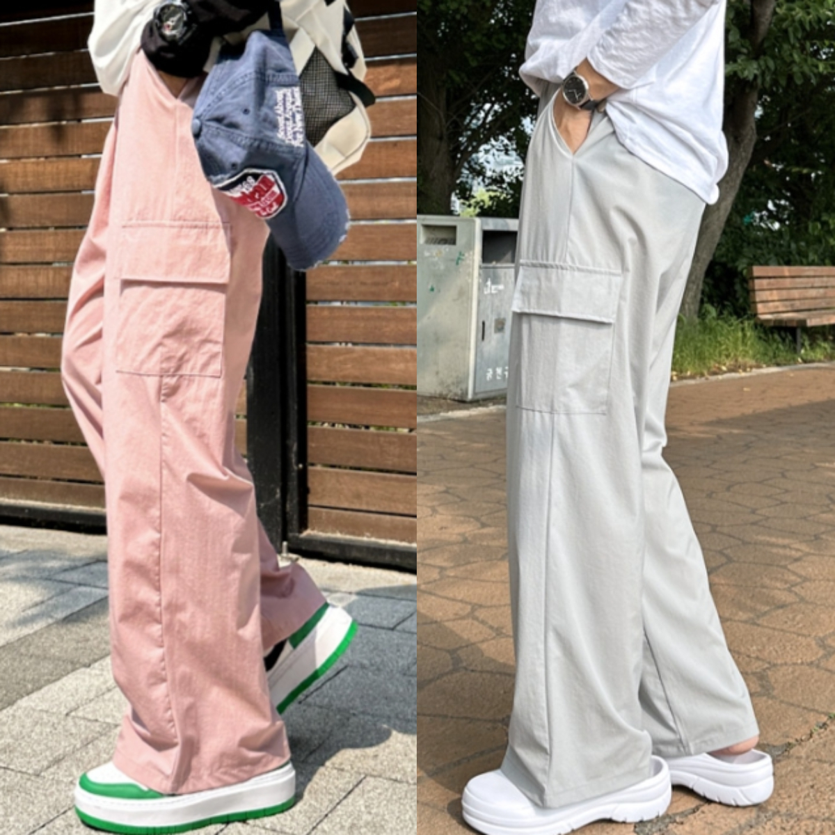 남자 손든 여름 쿨링 와이드 바스락 나일론 카고 팬츠 - 메인 이미지