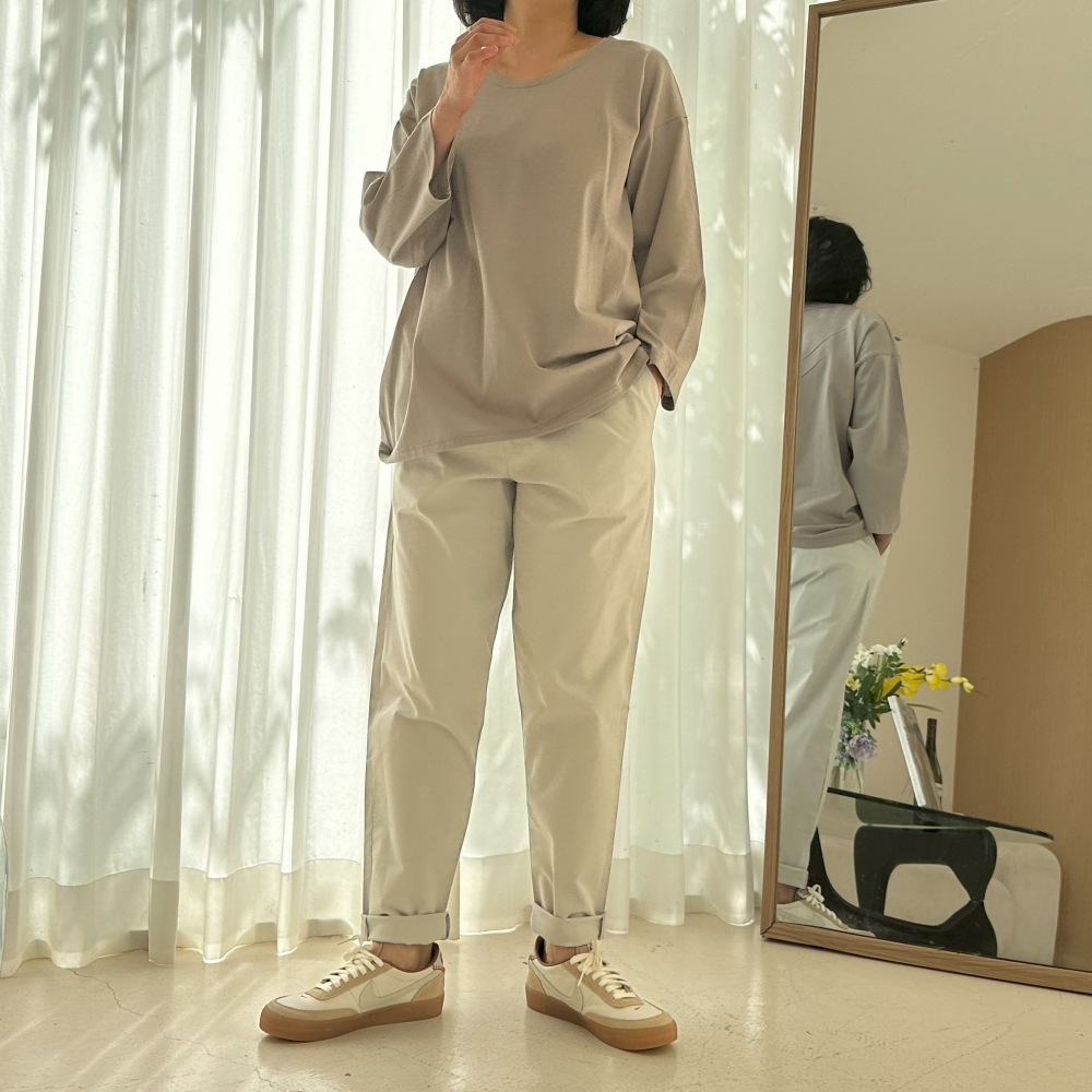 빅사이즈 자체제작 데일리 파스텔 긴팔 티셔츠 면 무지 라운드 베이직 레이어드 기본 박시티 - 상세 이미지 5