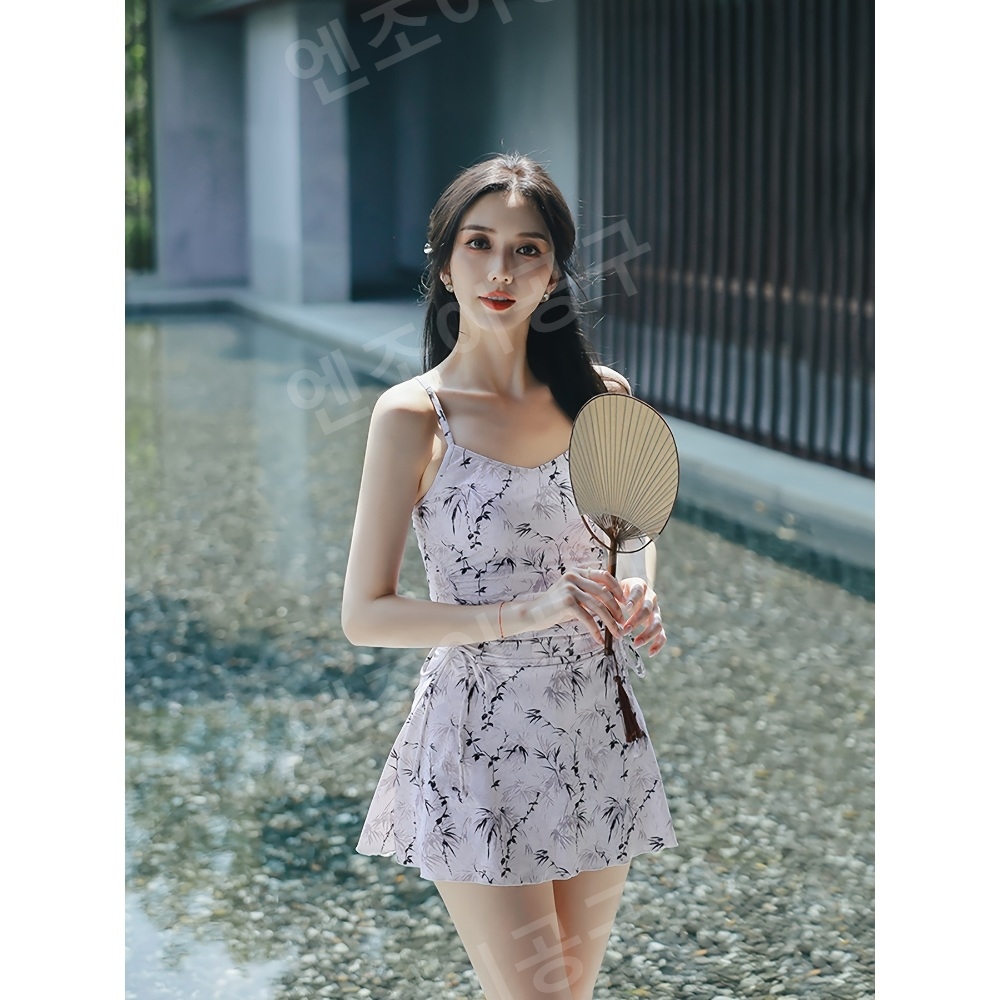 셔링 슬림 복고풍 디자인 수영복 스커트 원피스 체형커버 휴양지용 - 상세 이미지 5