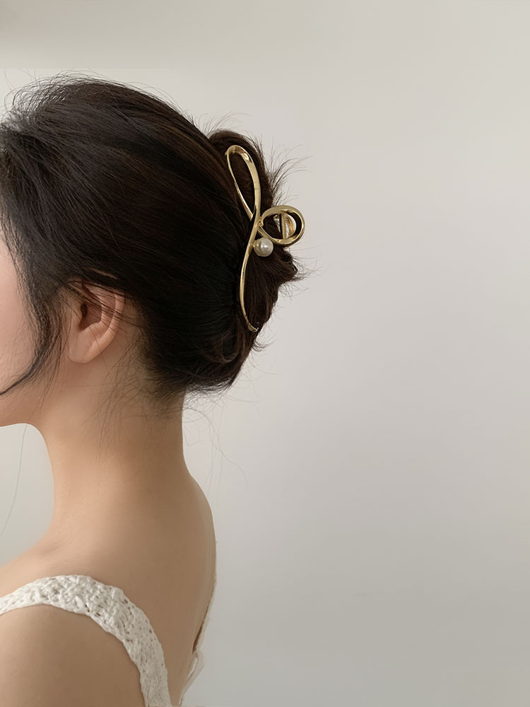 오버사이즈 노트 펄 리본 클로 - 메탈 여름 매듭 숱많은머리 진주헤어핀 빅사이즈 집게핀 - 상세 이미지 5