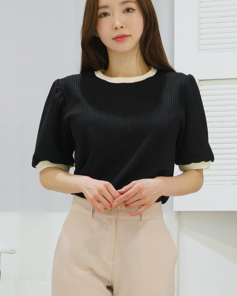 라운드배색 와플 여름 반팔 퍼프소매 니트티셔츠 블라우스 - 상품 이미지