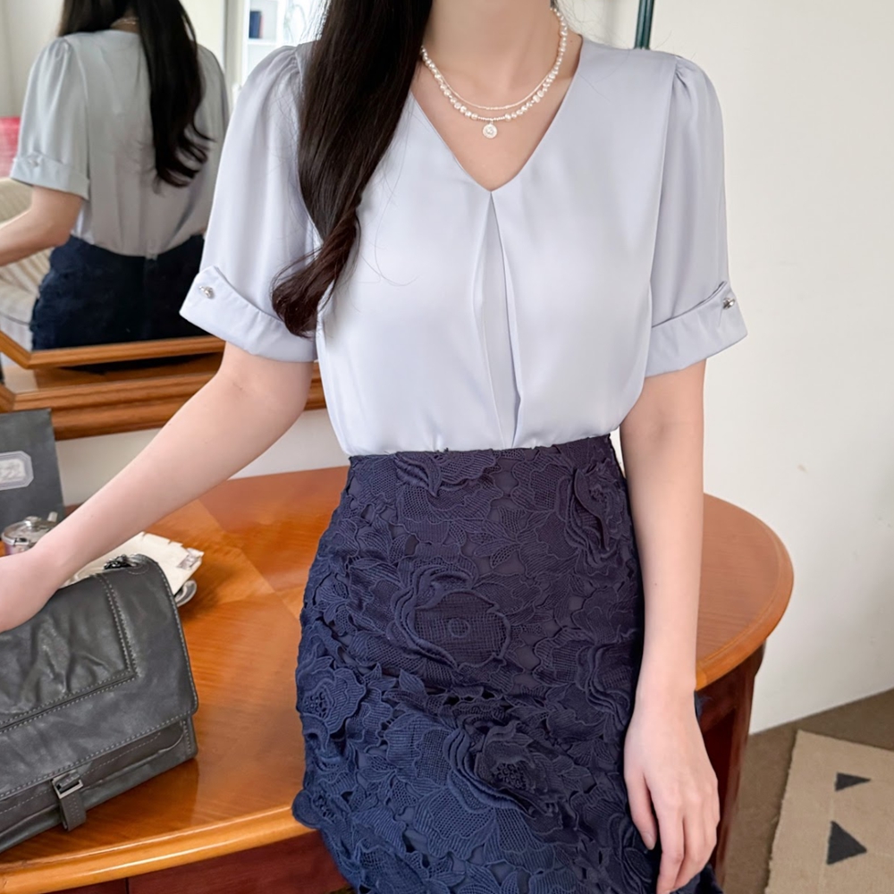 면접 블라우스 정장 노카라 핀턱 반팔 브이넥 여름 하객 흰색, XL 이미지 7