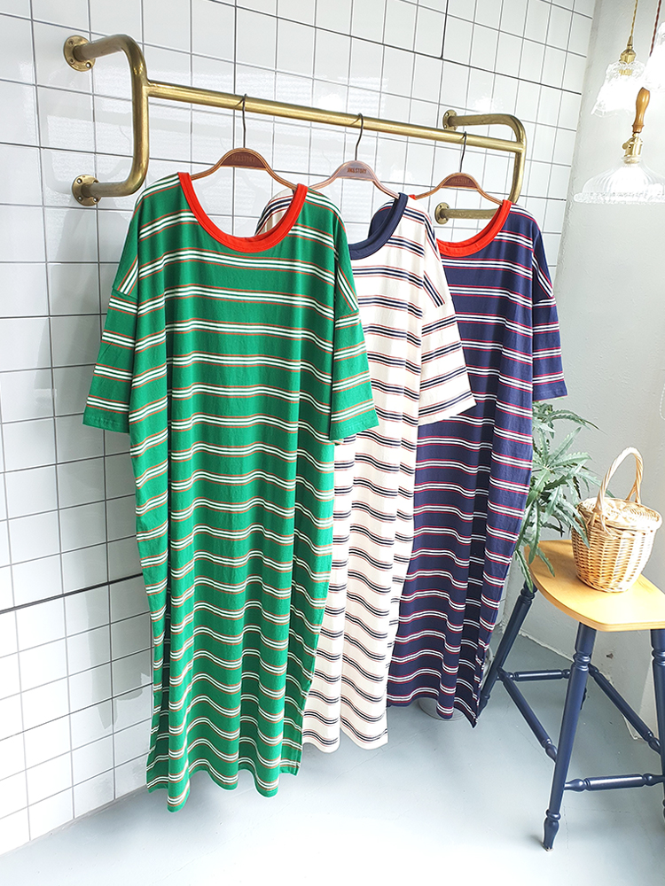 빅사이즈 베니 스트라이프 롱 원피스