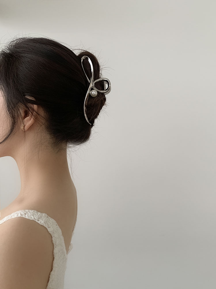오버사이즈 노트 펄 리본 클로 - 메탈 여름 매듭 숱많은머리 진주헤어핀 빅사이즈 집게핀 - 상세 이미지 3