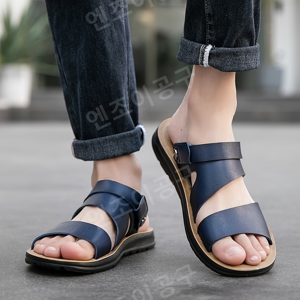 남성용 단색 캐주얼 야외 겸용 가죽샌들 슬리퍼 - 상세 이미지 3
