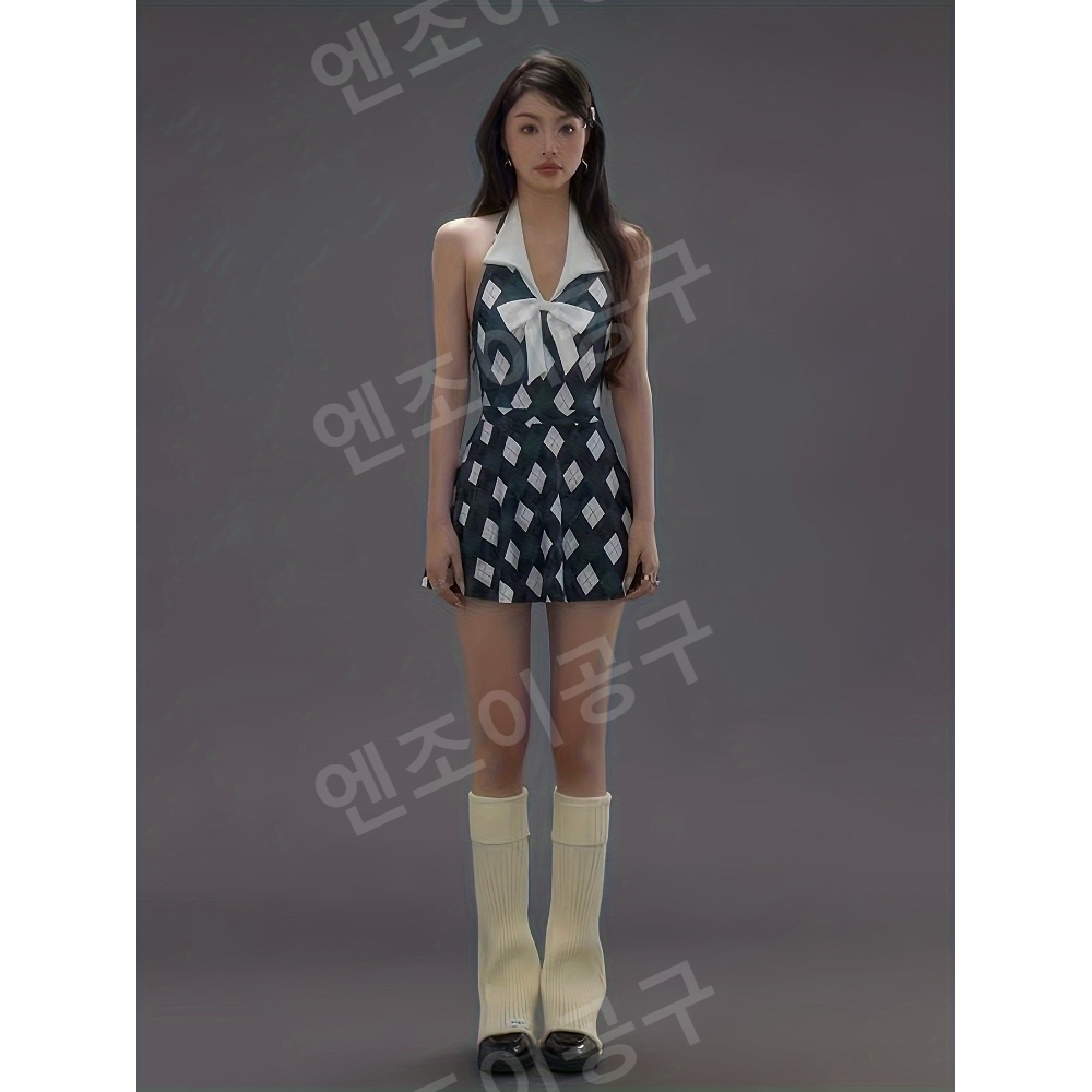 슬림 라이트 아가일 화이트 리본 원피스 수영복 스파용 휴양지 비치웨어 - 상세 이미지 2