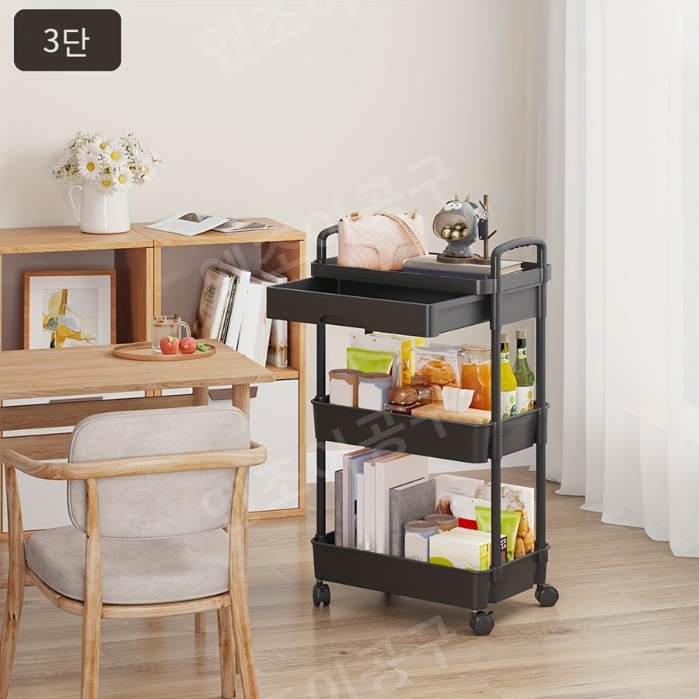 3단 이동식 틈새 선반 트롤리 바퀴달린 슬림 다용도 수납장 - 상세 이미지 5