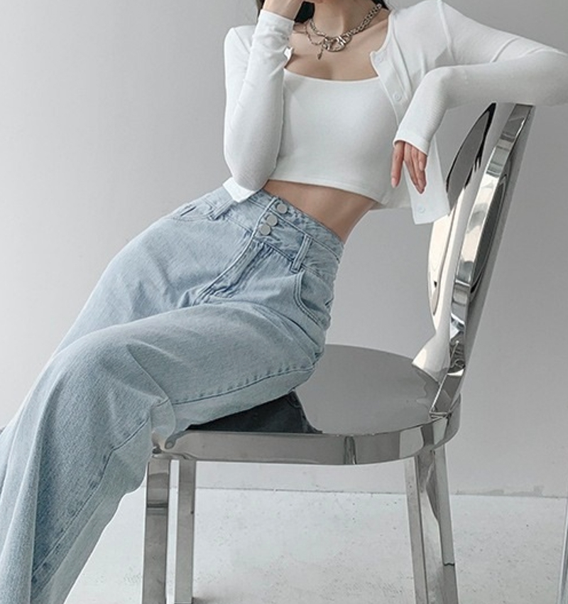 레트로 하이웨스트 3버튼 일자핏 연청 데님 팬츠/데일리룩/사계절/일자청바지/슬림일자/데이트룩/일상룩 상세 이미지 8