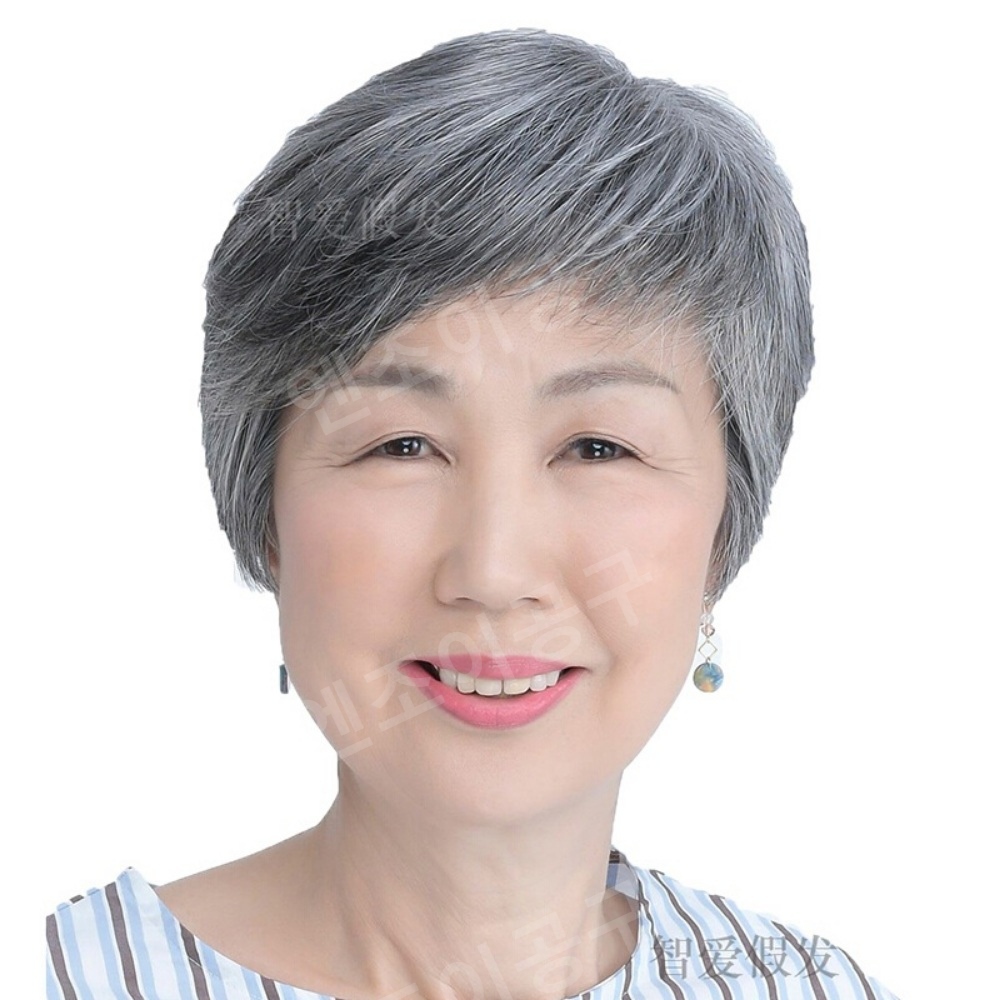 노인용 여성 백발 가발 인모 중년 통가발 단발 - 상품 이미지