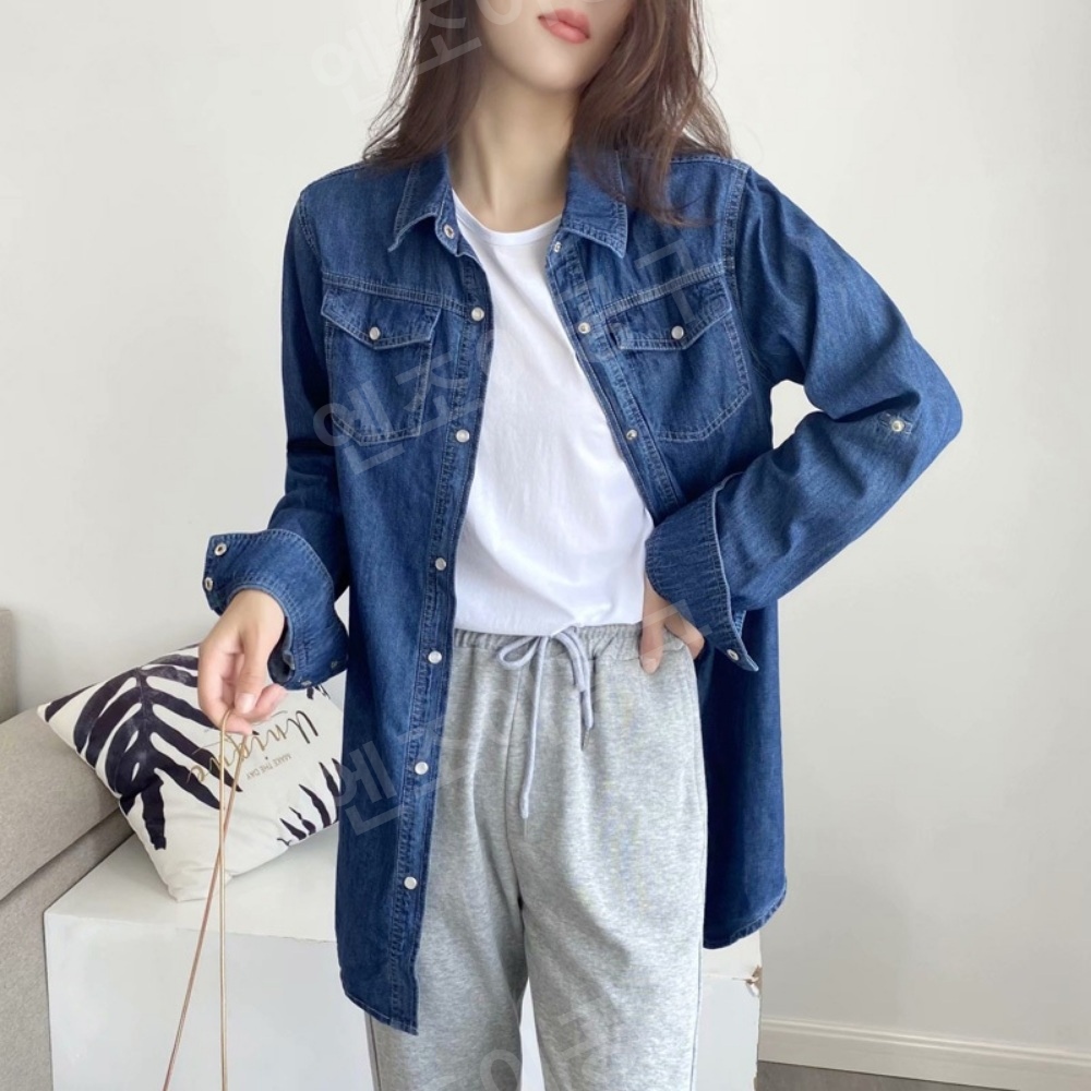 청청코디 데님세트 순면 얇은 데님 셔츠 여성 - 상세 이미지 2
