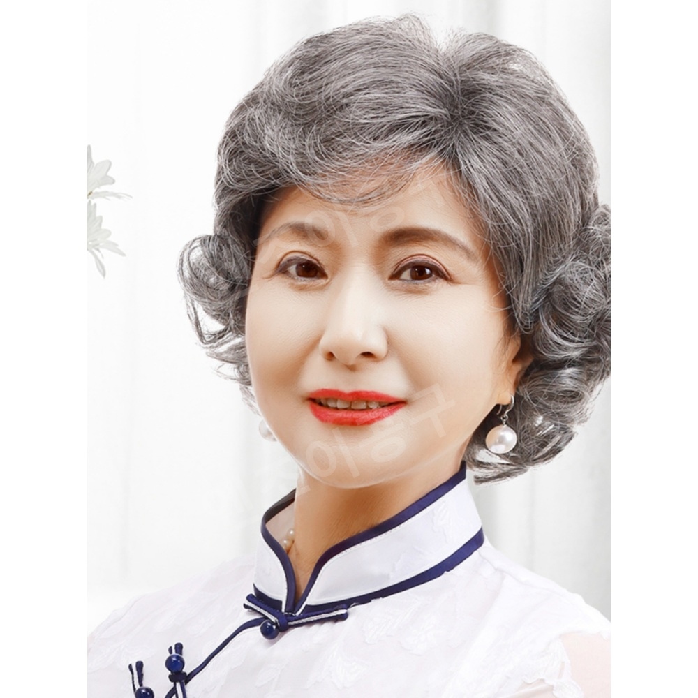 중년 가발 여성 화이트 쇼트 웨이브 짧은 단발 파마 - 상세 이미지 3