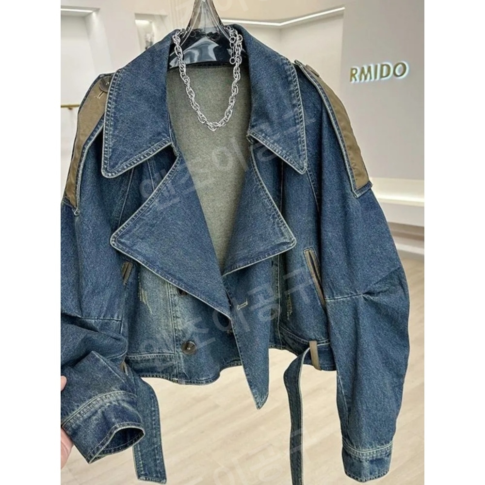데님 자켓 진청 블레이저 칼라 숏 데님 재킷 여성 버튼 - 상세 이미지 2