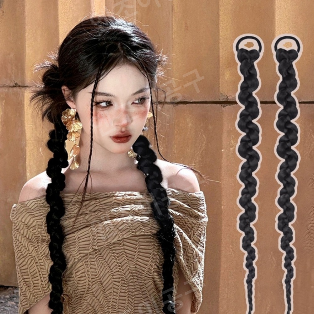 양갈래 헤어피스 가발 포니테일 땋은머리 번 헤어 - 메인 이미지