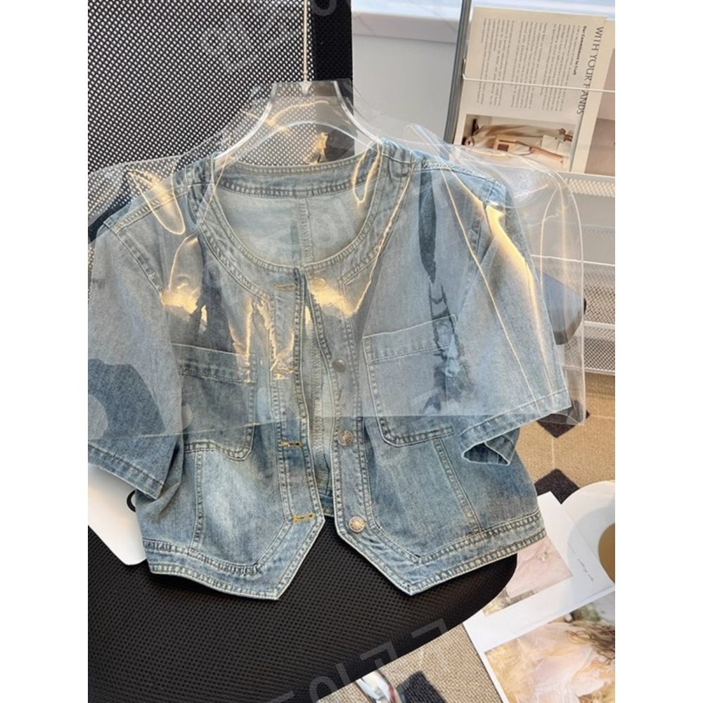 청청셋업 데님 청자켓 오버핏 빈티지 숏 슬리브 데님 재킷 여성 패션 레이어드 상의 - 상세 이미지 2