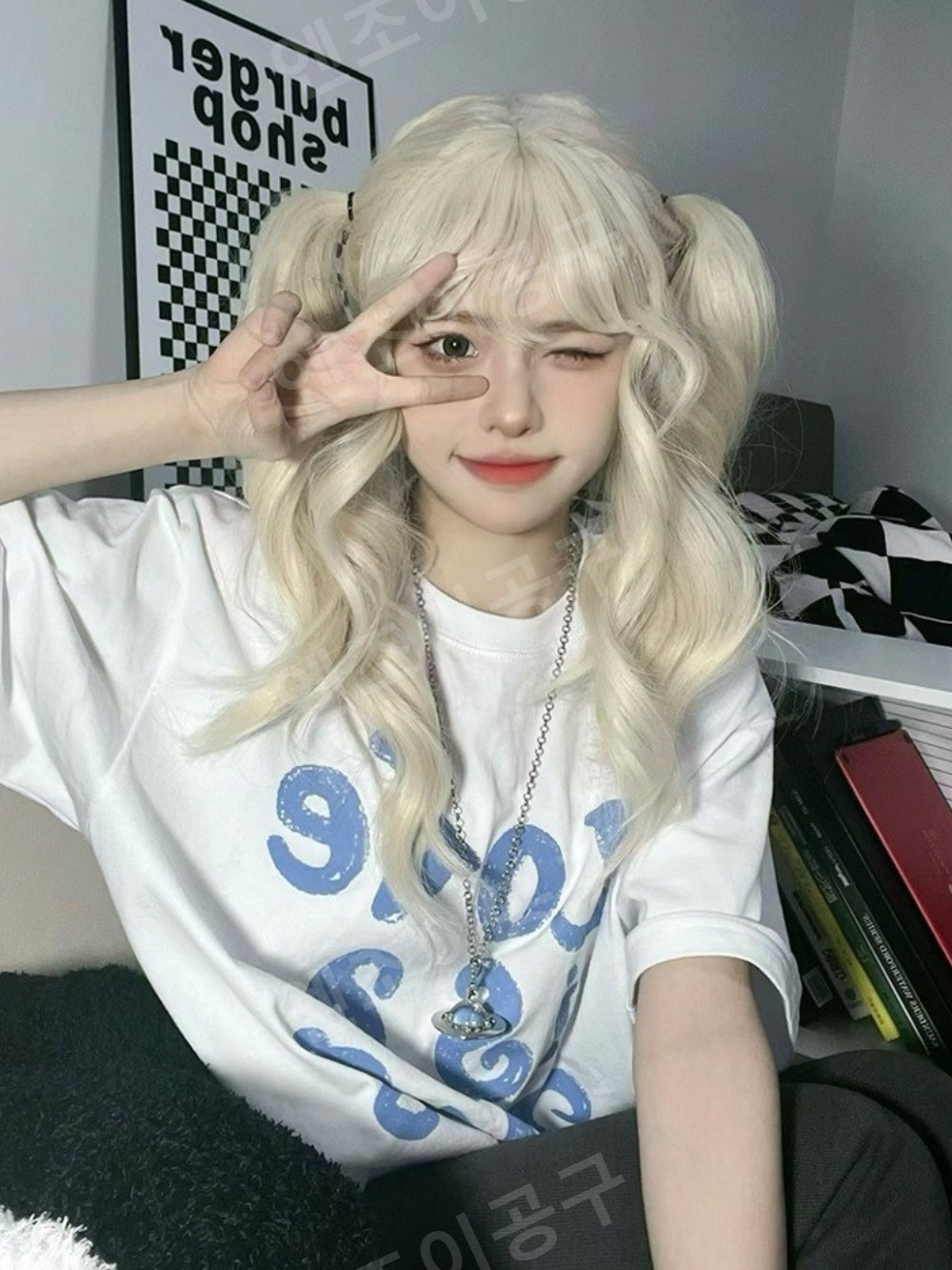 백금발 양갈래 가발 여성 세트 자연스러운 롱 웨이브 - 상세 이미지 3