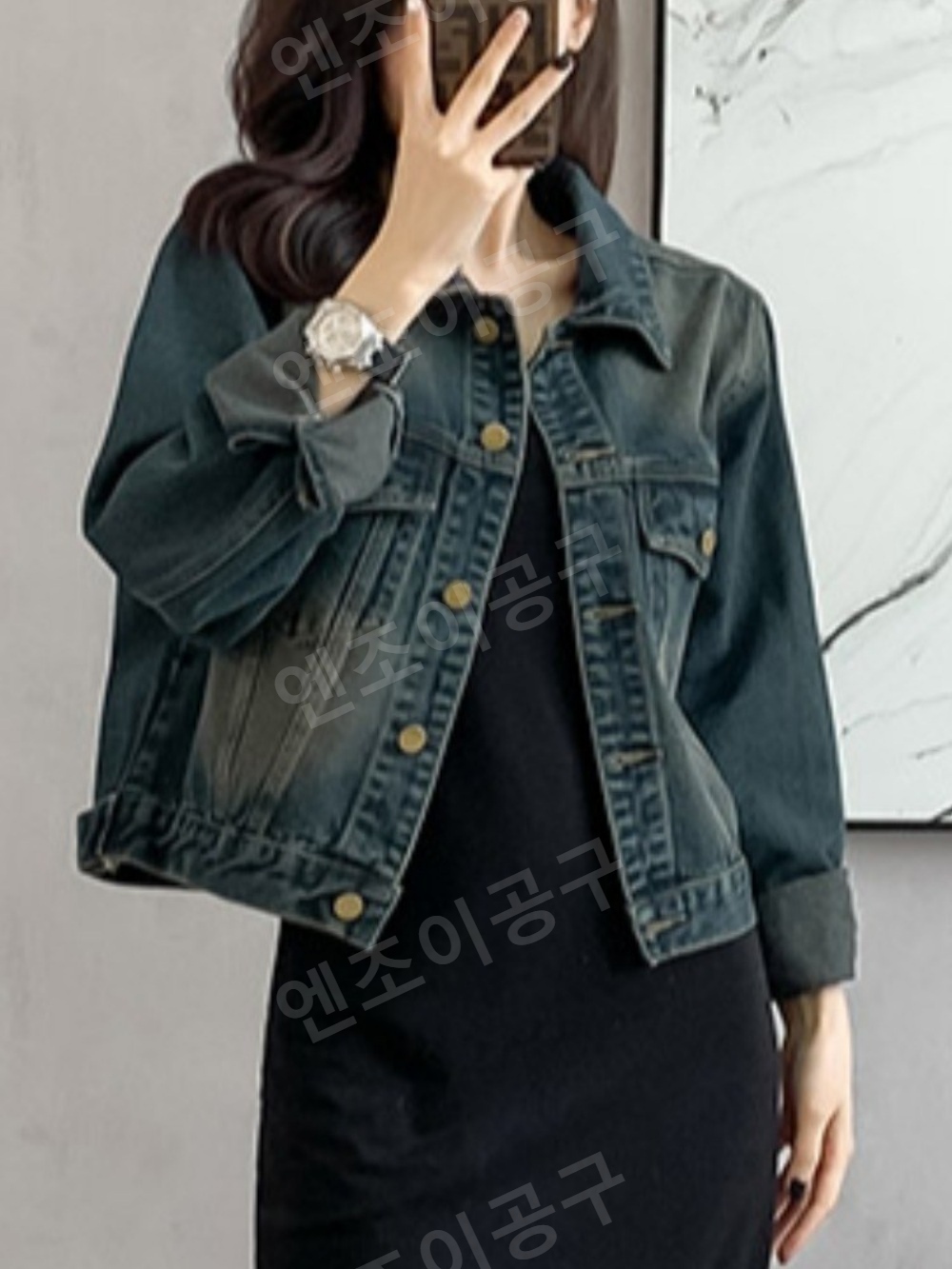 롱 슬리브 빈티지 숏 데님 재킷 여성 블루 패션 상의 - 상세 이미지 4