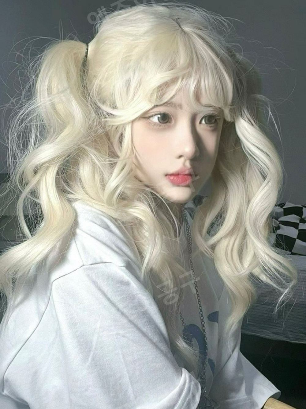 백금발 양갈래 가발 여성 세트 자연스러운 롱 웨이브 - 상세 이미지 5