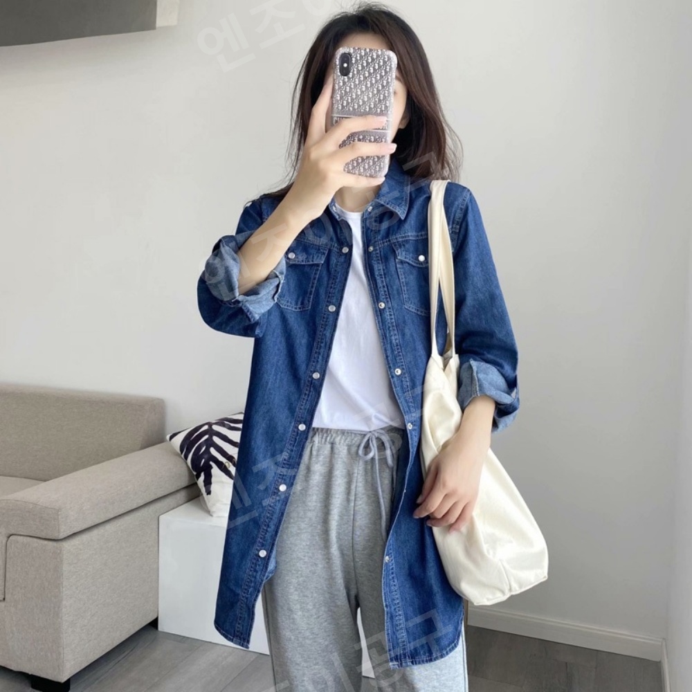 청청코디 데님세트 순면 얇은 데님 셔츠 여성 - 상세 이미지 5