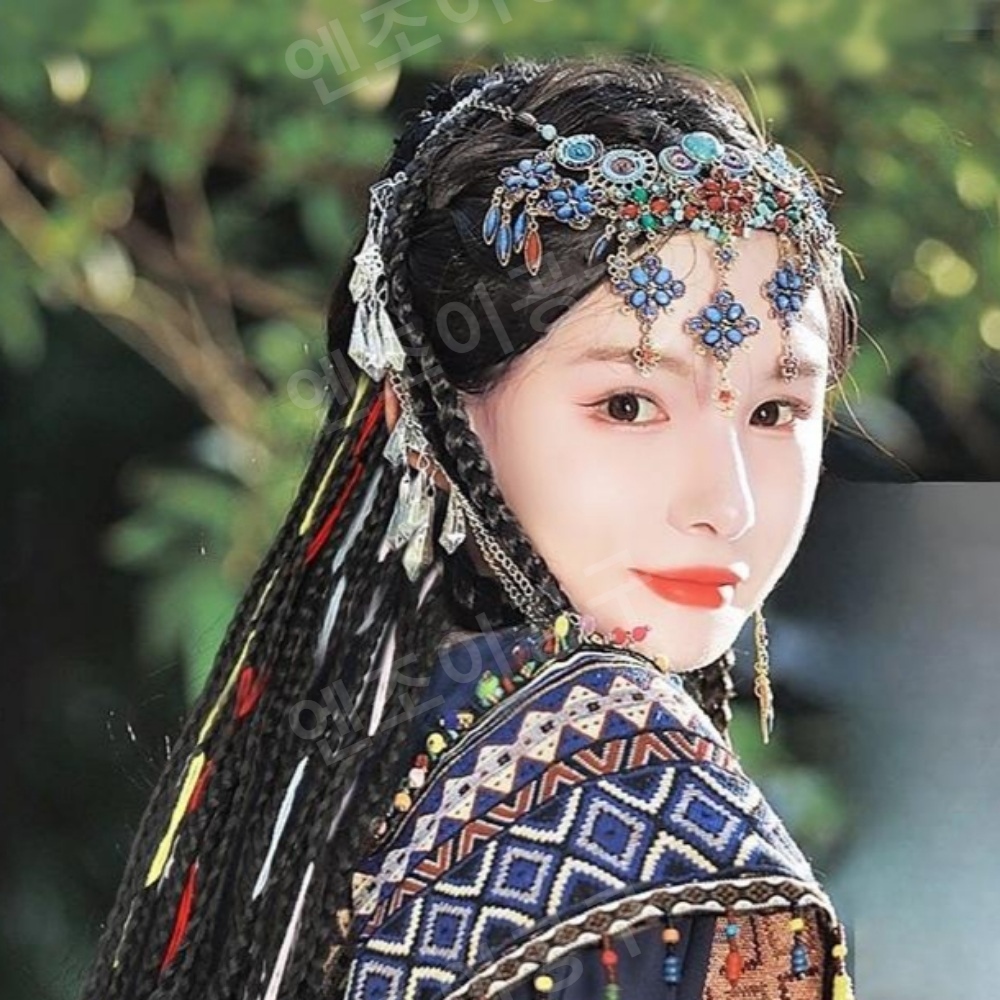 여성 민족풍 브레이드 긴 머리 실버 라인 이중 포니테일 - 상품 이미지